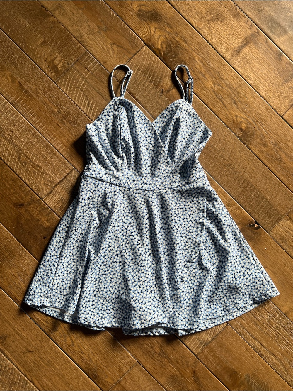 Blue and White Floral Romper Sundress with Spaghetti Straps